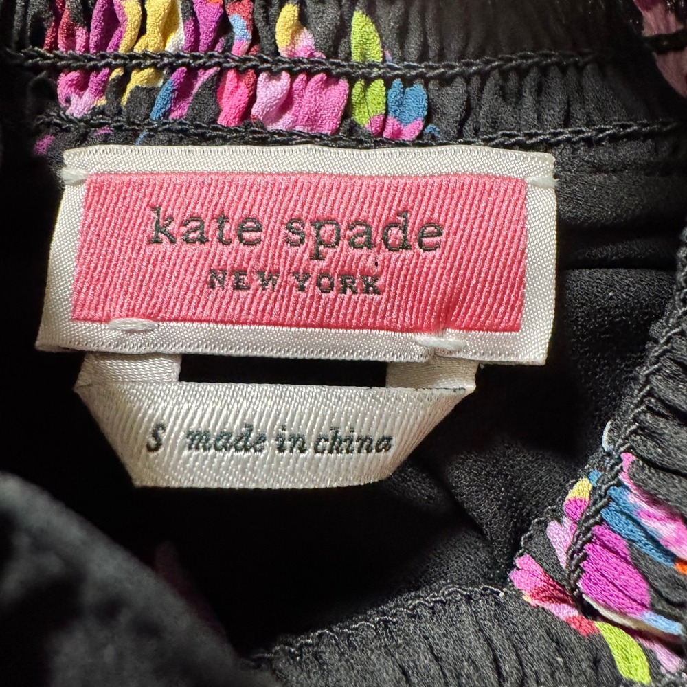 Kate Spade New York Womens Size S Bird Print Smocked High Neck Blouse Black - Picture 8 of 14